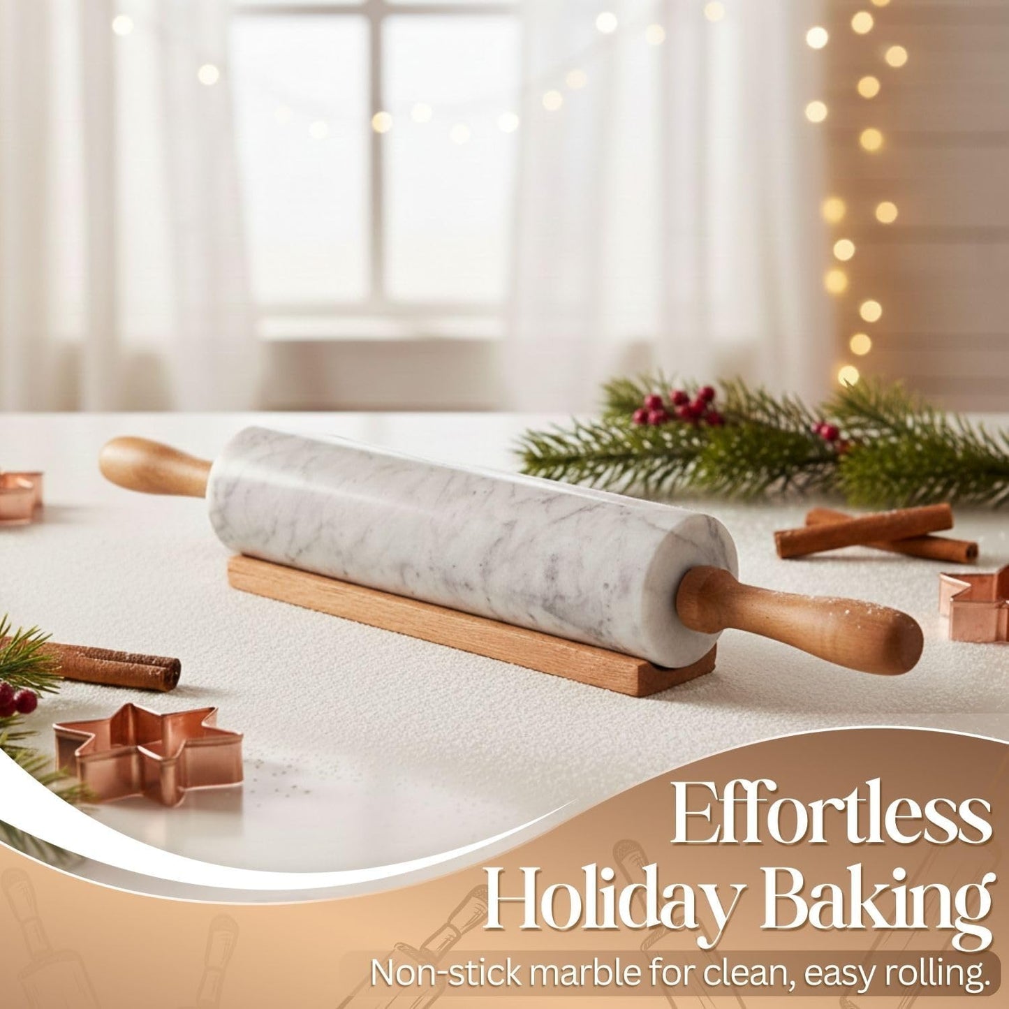 Marble Rolling Pin Heavy Nonstick Stone Dough Roller - 10 Inch Polished Barrel with Wooden Handles & Cradle Stand for Baking Pastry Bread Pizza Cookies Pie Crust Pasta Tortillas (White)