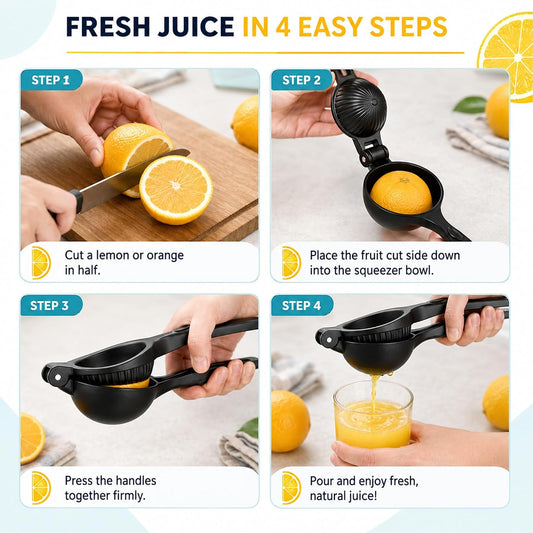 Heavy Duty Lemon Squeezer, Aluminium Alloy Manual Lemon Juicer Hand Press with Threaded Groove for Maximum Juice - Perfect for Limes, Small Oranges, Citrus Fruits (Black)