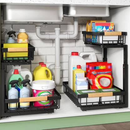 Under Sink Organizer, 2 Tier Under the Sink Storage, Slide out Pull out Cabinet Organizer Shelf, Metal Sliding Drawer for Kitchen Bathroom Pantry Closet Organization Rack, Black, 2 Pack