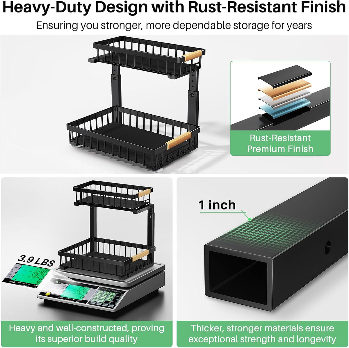 Under Sink Organizer, 2 Tier Under the Sink Storage, Slide out Pull out Cabinet Organizer Shelf, Metal Sliding Drawer for Kitchen Bathroom Pantry Closet Organization Rack, Black, 2 Pack