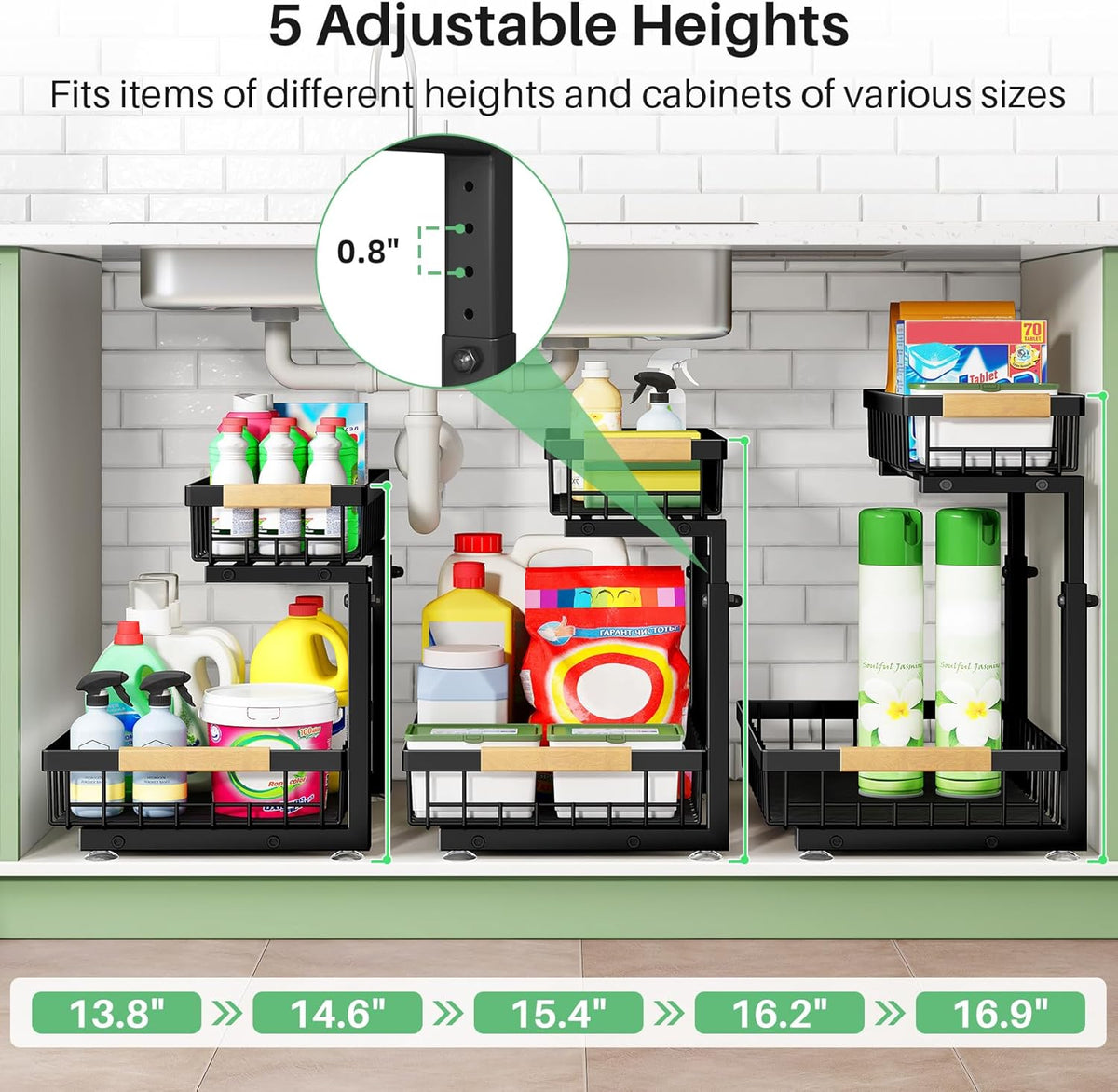 Under Sink Organizer, 2 Tier Under the Sink Storage, Slide out Pull out Cabinet Organizer Shelf, Metal Sliding Drawer for Kitchen Bathroom Pantry Closet Organization Rack, Black, 2 Pack