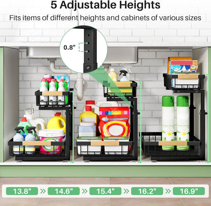 Under Sink Organizer, 2 Tier Under the Sink Storage, Slide out Pull out Cabinet Organizer Shelf, Metal Sliding Drawer for Kitchen Bathroom Pantry Closet Organization Rack, Black, 2 Pack