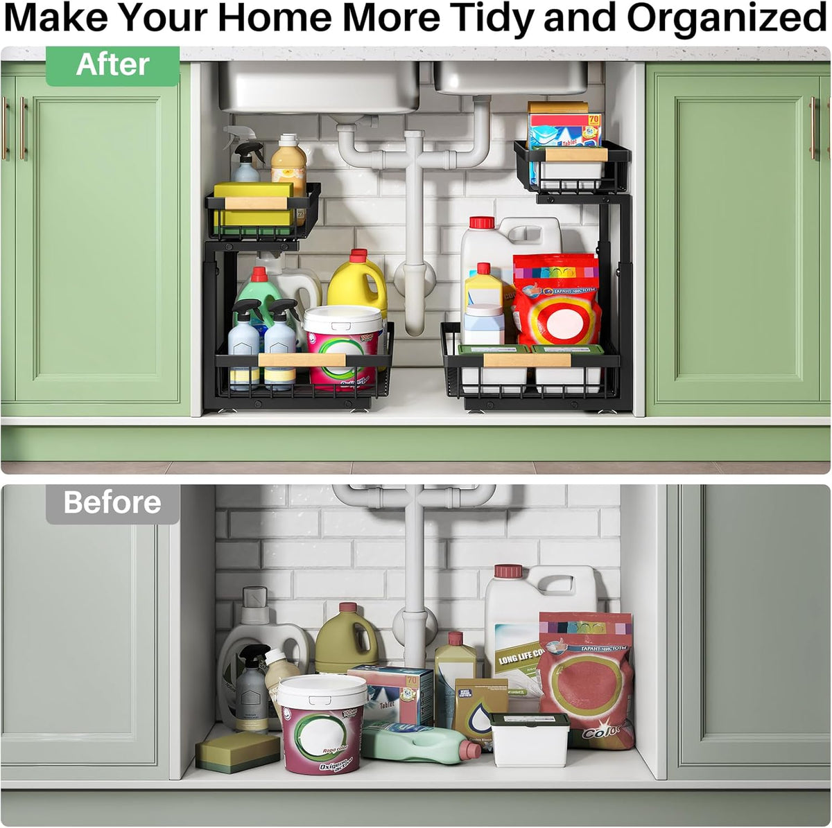 Under Sink Organizer, 2 Tier Under the Sink Storage, Slide out Pull out Cabinet Organizer Shelf, Metal Sliding Drawer for Kitchen Bathroom Pantry Closet Organization Rack, Black, 2 Pack