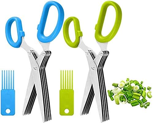 Herbal Scissors Stainless Steel 5 Blade Kitchen Scissors Mince Fresh Herbs & Leafy Greens Kitchen Gadgets Herb Cutter whit Cleaning Comb (Green)