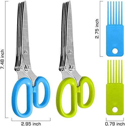 Herbal Scissors Stainless Steel 5 Blade Kitchen Scissors Mince Fresh Herbs & Leafy Greens Kitchen Gadgets Herb Cutter whit Cleaning Comb (Green)
