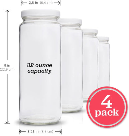 Glass Bottles Set, Clear, 32 oz Jars, 4 Pack Wide Mouth with Lids