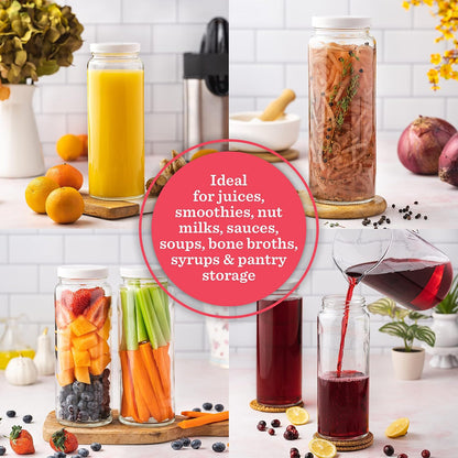 Glass Bottles Set, Clear, 32 oz Jars, 4 Pack Wide Mouth with Lids