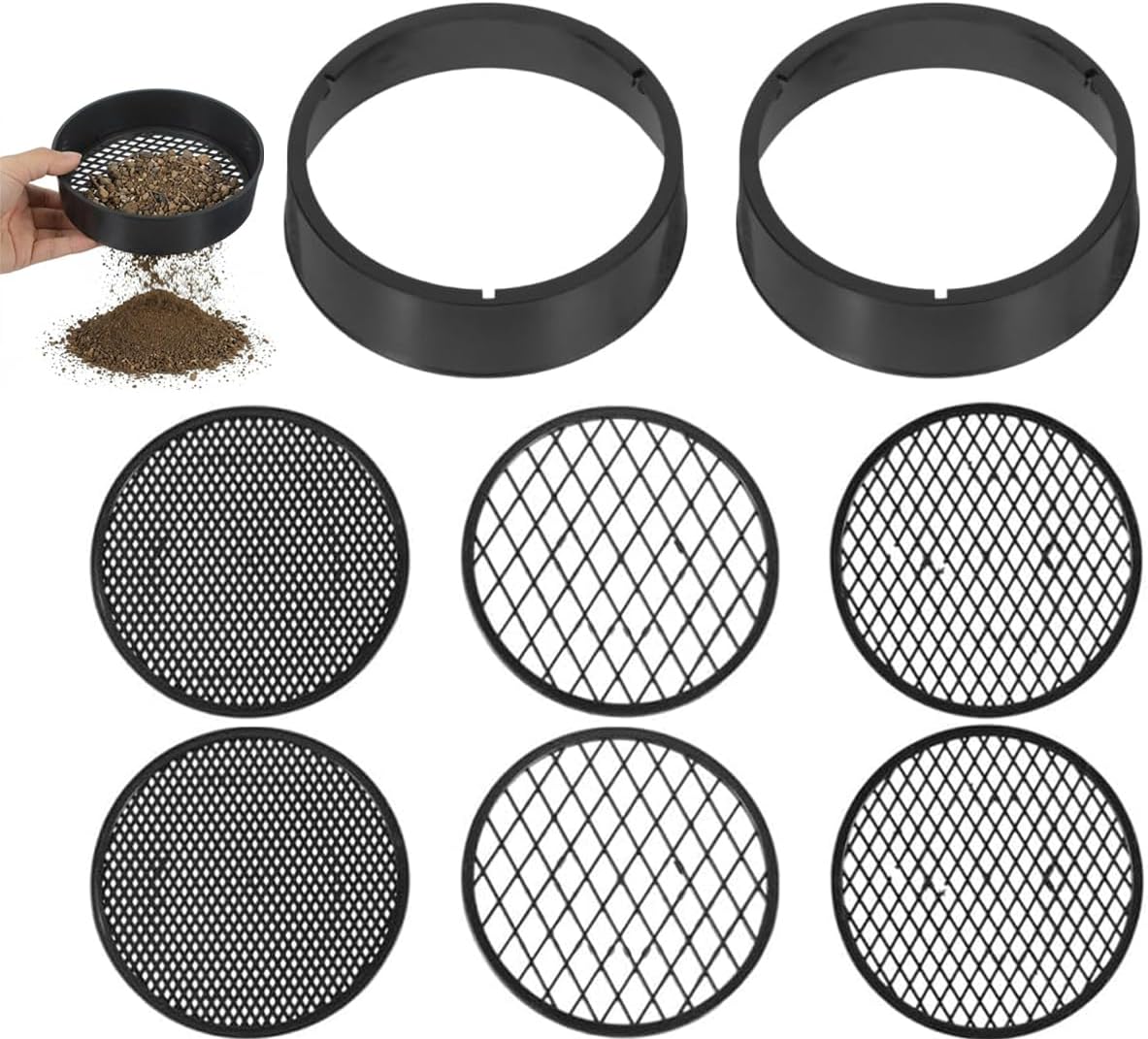 Soil Sieve Set with 6 Replaceable Mesh, 4.4 Inches Plastic Garden Sieve Sifting Pan Sifter for Rocks Gardening Gravel Sand and Gold Panning