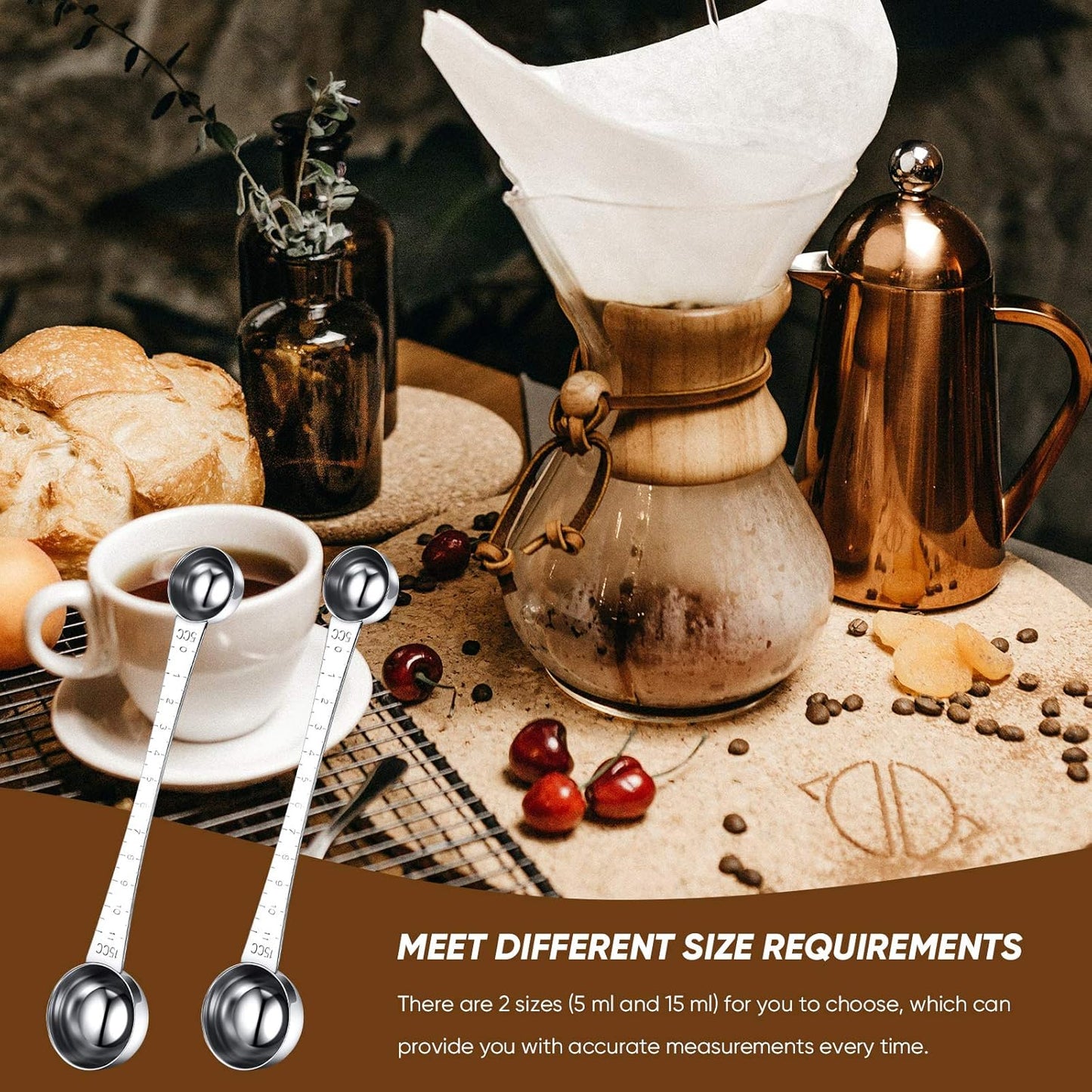 2 Pieces Coffee Scoops with Mark, 1 Tablespoon and 1 Teaspoon Stainless Steel Coffee Measuring Scoop for Ground Brewing, Tea, Sugar and Milk, 5 ml and 15 ml