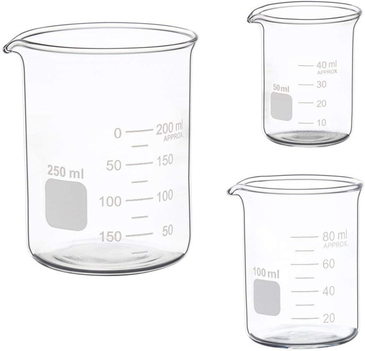 3 Pack Borosilicate Glass Beaker Set, 50 mL, 100 mL and 250 mL