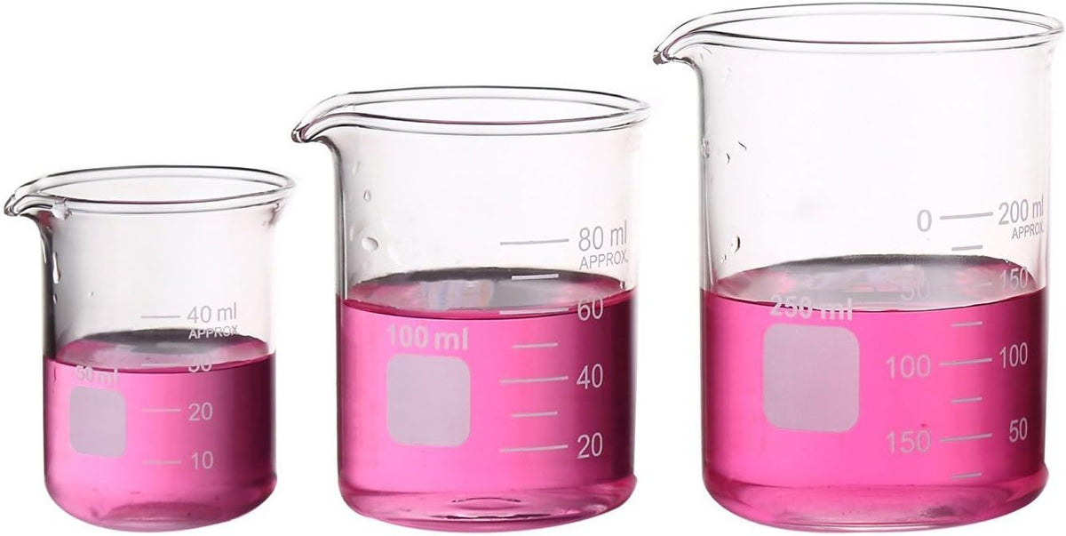 3 Pack Borosilicate Glass Beaker Set, 50 mL, 100 mL and 250 mL