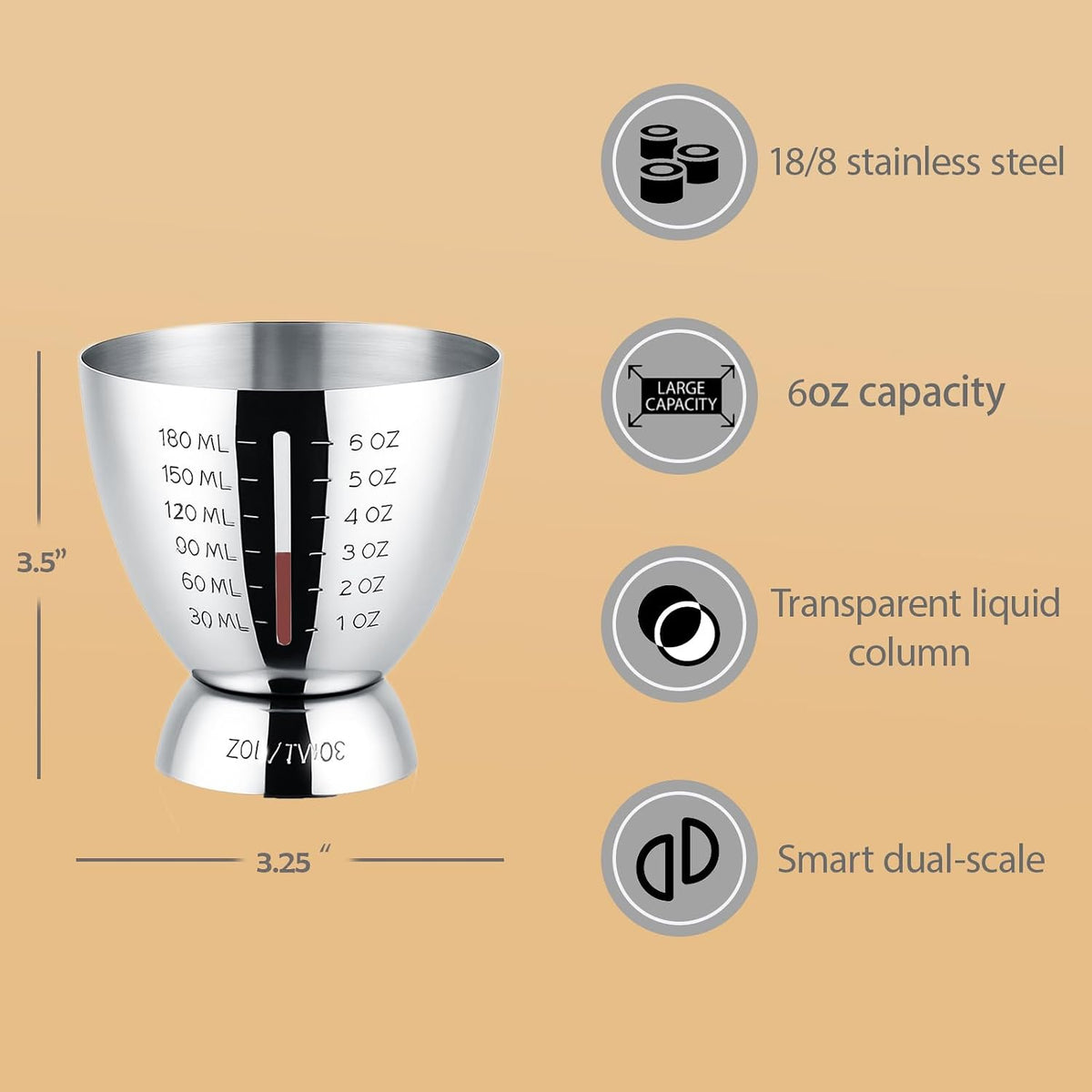 Stainless Steel Cocktail Jigger with OZ&ML Markings, 1–6oz