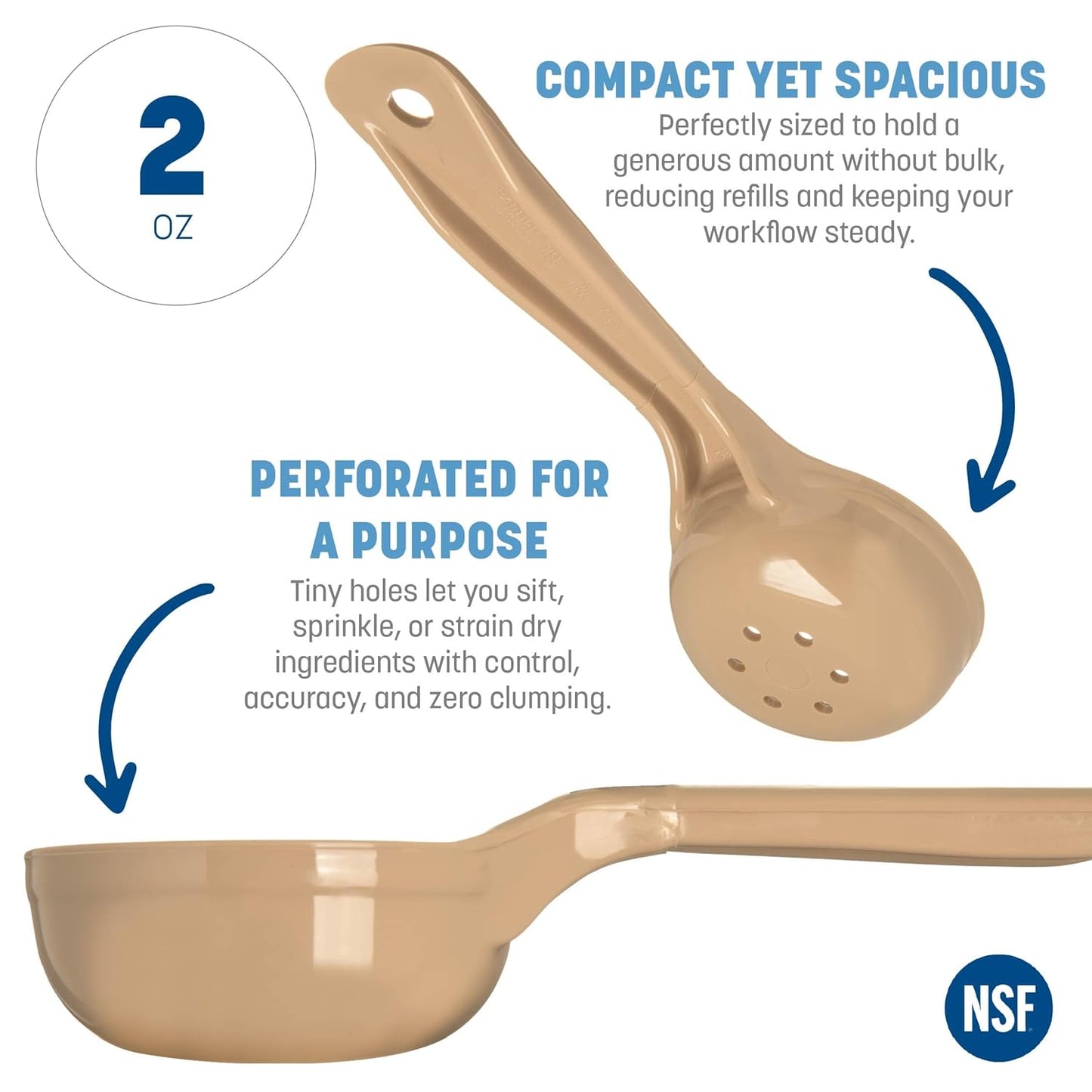 Measure Miser Plastic Perforated Measuring Spoon with Short Handle, 2 Ounces, Beige