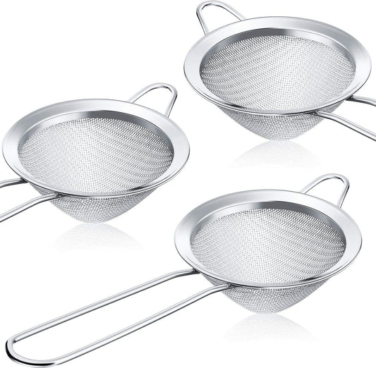 3 Pieces Cocktail Strainer Bar Strainer Fine Mesh Tea Strainer, 3.3 in | Stainless Steel, Small Silver Strainer Practical Bar Colander Tool for Drinks and Loose Leaf Tea, Fits Most Bar Glasses