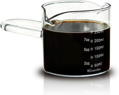 250ML/8.5OZ Espresso Glass Measuring Cup Triple Pitcher Milk Cup Espresso Cups with U-shape Handle Espresso Shot Glass with V-Shaped Mouth Clear Accessories Milk Frothing Pitcher (1)