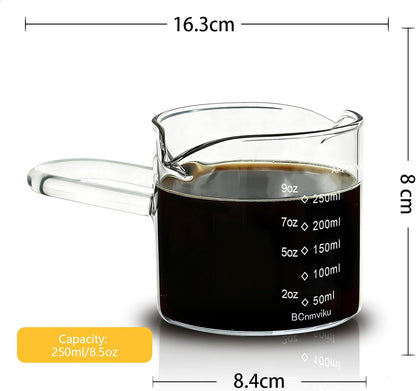 250ML/8.5OZ Espresso Glass Measuring Cup Triple Pitcher Milk Cup Espresso Cups with U-shape Handle Espresso Shot Glass with V-Shaped Mouth Clear Accessories Milk Frothing Pitcher (1)