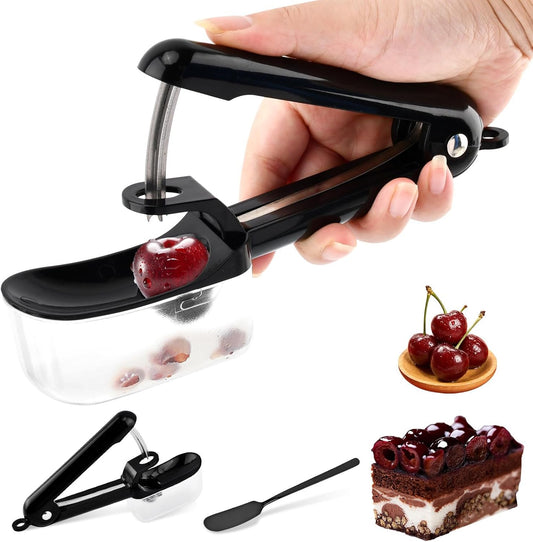 Cherry Pitter, Cherry Pit Remover Tool with Lock Design & See-d Catcher, Cherries Corer Pitter with Hand-Held Push, Olives Pitter Fruit Pit Remover for Cherries Jam(COLOR:Black)