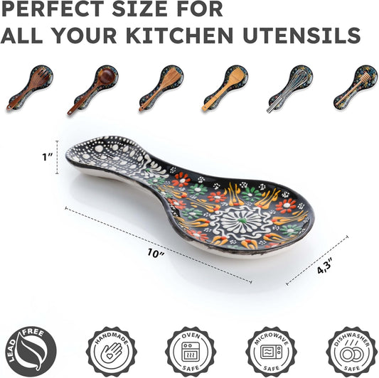 Handmade Spoon Rest, Ceramic Spoon Rest for Stove Top, 10" Spoon Rest for Kitchen Counter, Dishwasher Safe Spoon Holder for Stove, Housewarming Gifts Utensil Rest, Colorful Spoon Rests (Black)