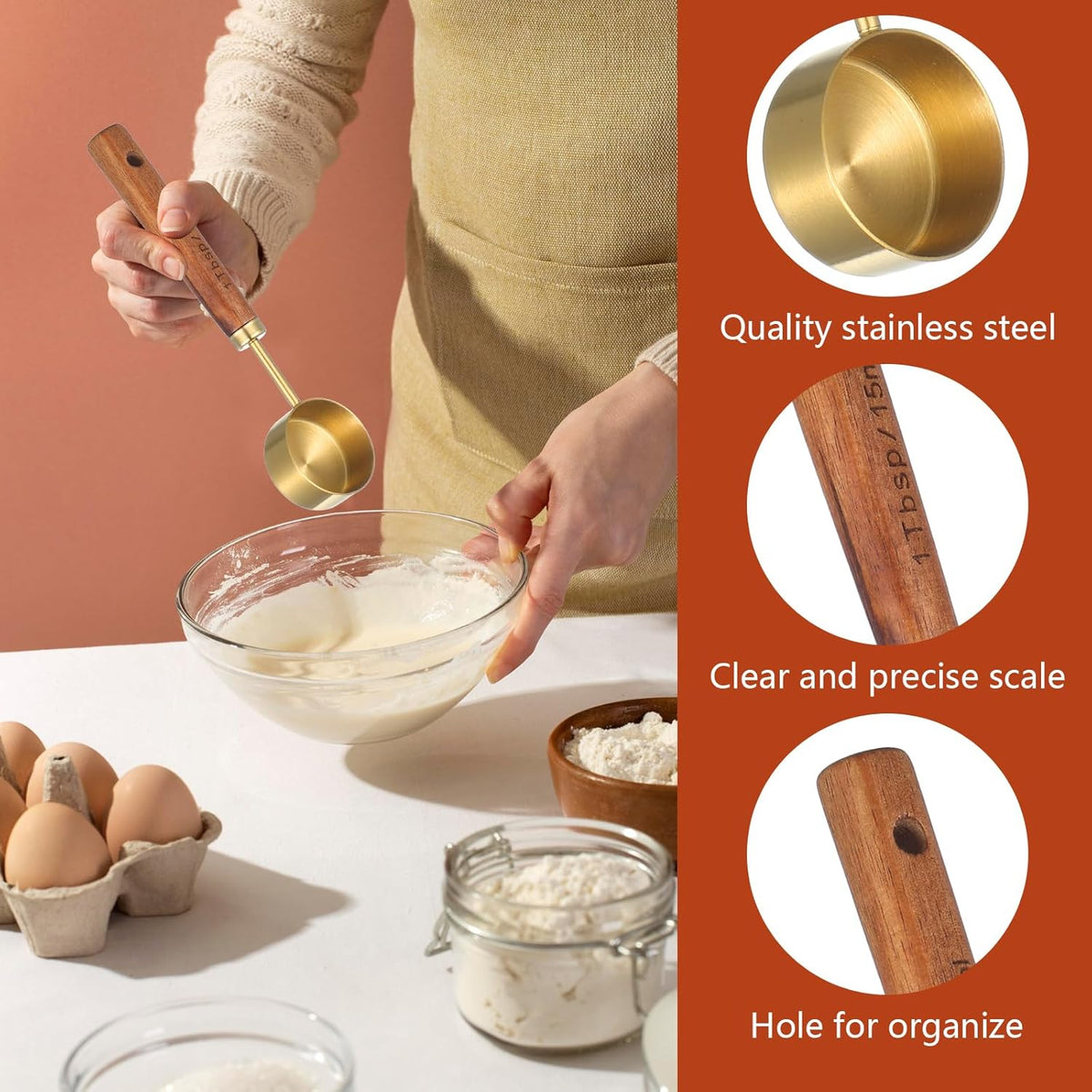 Stainless Steel & Wood 1 Teaspoon Scoop Coffee Measuring Scoop 1Tablespoon Measuring Spoon Perfect for Coffee, Tea, and More