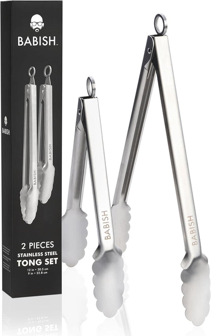 2-Piece Locking Kitchen Tongs Set – 12” & 9” Stainless Steel Cooking Tongs with Non-Slip Grip – Heavy-Duty BBQ, Grilling & Serving Tools