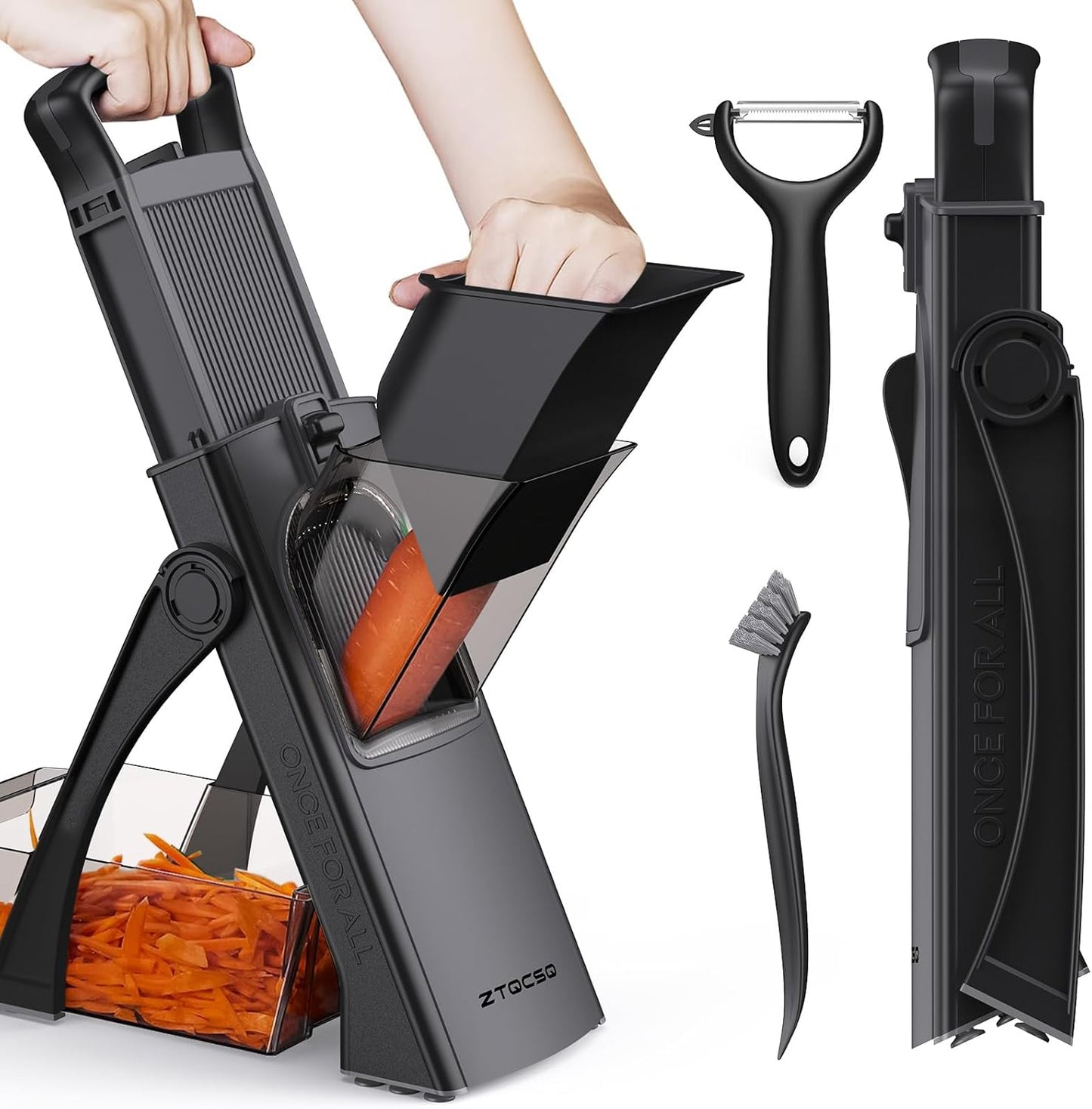 All in 1 Upgraded Version Safe Mandoline Slicer for Kitchen, Veggie Slicer | 0.1-8mm Adjustable Thickness/Potato Slicer/Rapid Prep Mandoline, Bigger Size, Detachable Blade, Cleaning Brush (Black Knight)