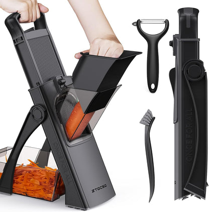 All in 1 Upgraded Version Safe Mandoline Slicer for Kitchen, Veggie Slicer | 0.1-8mm Adjustable Thickness/Potato Slicer/Rapid Prep Mandoline, Bigger Size, Detachable Blade, Cleaning Brush (Black Knight)