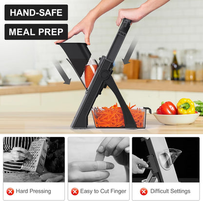 All in 1 Upgraded Version Safe Mandoline Slicer for Kitchen, Veggie Slicer | 0.1-8mm Adjustable Thickness/Potato Slicer/Rapid Prep Mandoline, Bigger Size, Detachable Blade, Cleaning Brush (Black Knight)