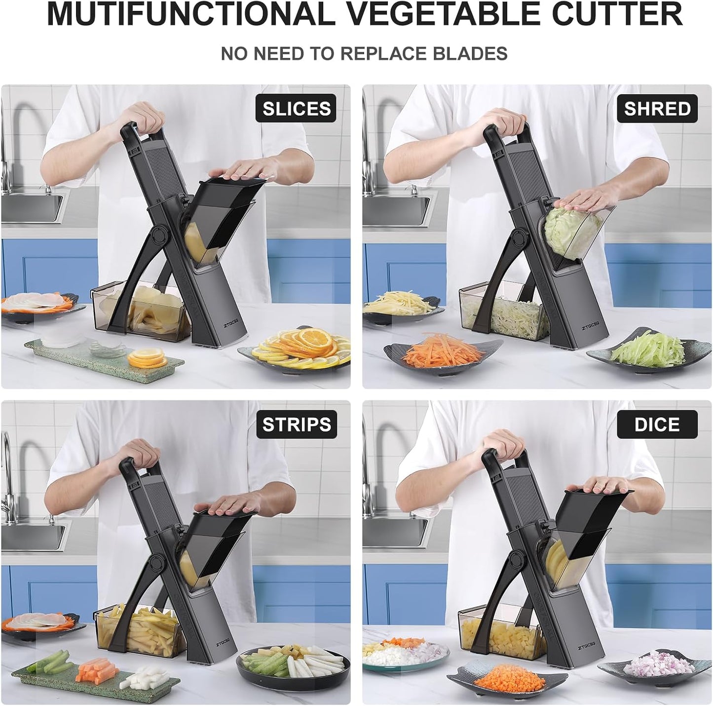 All in 1 Upgraded Version Safe Mandoline Slicer for Kitchen, Veggie Slicer | 0.1-8mm Adjustable Thickness/Potato Slicer/Rapid Prep Mandoline, Bigger Size, Detachable Blade, Cleaning Brush (Black Knight)