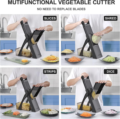 All in 1 Upgraded Version Safe Mandoline Slicer for Kitchen, Veggie Slicer | 0.1-8mm Adjustable Thickness/Potato Slicer/Rapid Prep Mandoline, Bigger Size, Detachable Blade, Cleaning Brush (Black Knight)