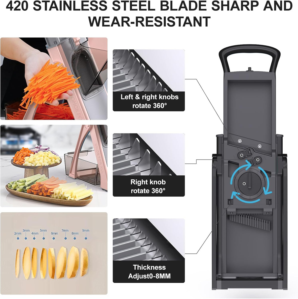 All in 1 Upgraded Version Safe Mandoline Slicer for Kitchen, Veggie Slicer | 0.1-8mm Adjustable Thickness/Potato Slicer/Rapid Prep Mandoline, Bigger Size, Detachable Blade, Cleaning Brush (Black Knight)
