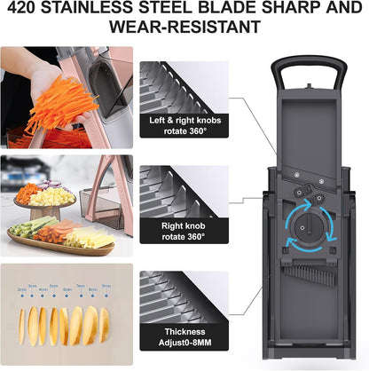 All in 1 Upgraded Version Safe Mandoline Slicer for Kitchen, Veggie Slicer | 0.1-8mm Adjustable Thickness/Potato Slicer/Rapid Prep Mandoline, Bigger Size, Detachable Blade, Cleaning Brush (Black Knight)