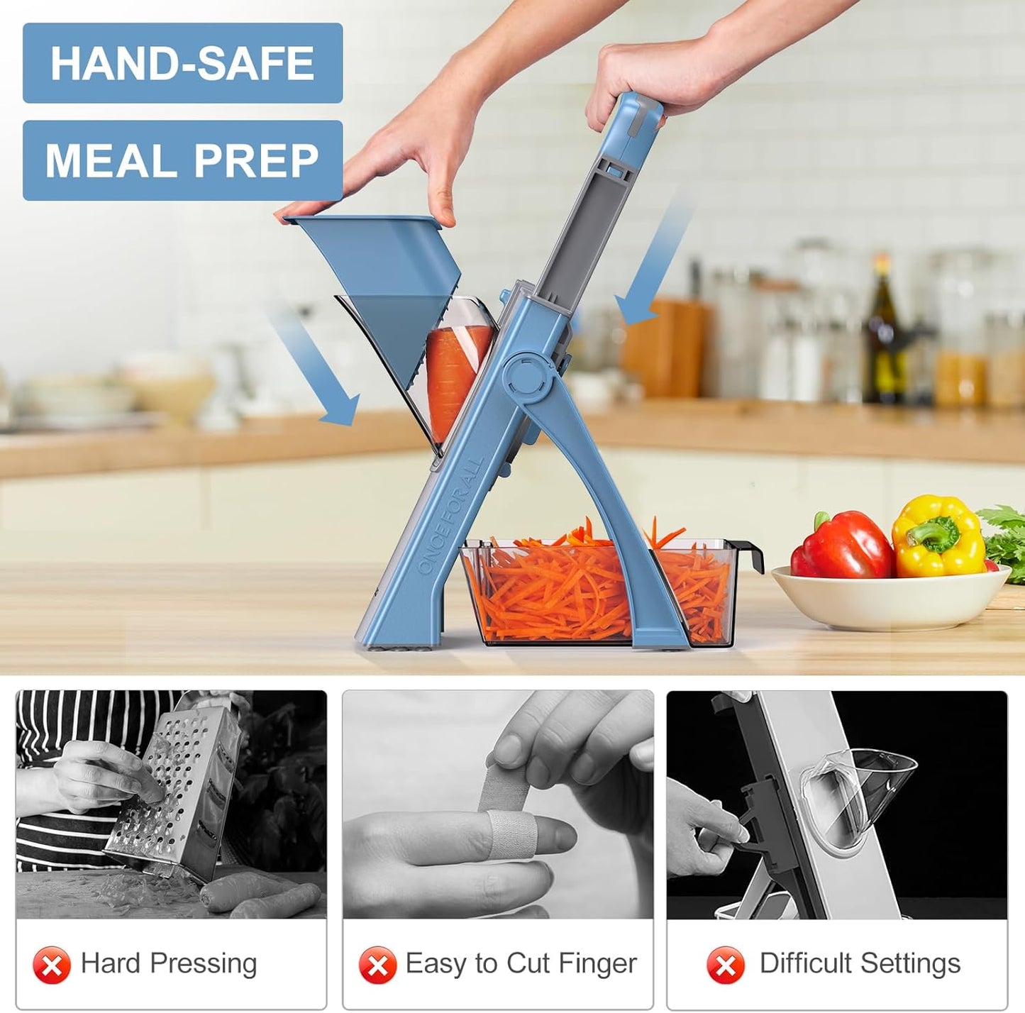 All in 1 Upgraded Version Safe Mandoline Slicer for Kitchen, Veggie Slicer | 0.1-8mm Adjustable Thickness/Potato Slicer/Rapid Prep Mandoline, Bigger Size, Detachable Blade, Cleaning Brush (Black Knight)