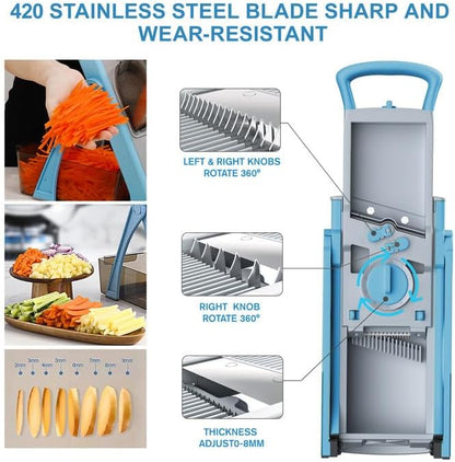 All in 1 Upgraded Version Safe Mandoline Slicer for Kitchen, Veggie Slicer | 0.1-8mm Adjustable Thickness/Potato Slicer/Rapid Prep Mandoline, Bigger Size, Detachable Blade, Cleaning Brush (Black Knight)