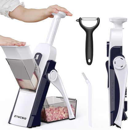 All in 1 Upgraded Version Safe Mandoline Slicer for Kitchen, Veggie Slicer | 0.1-8mm Adjustable Thickness/Potato Slicer/Rapid Prep Mandoline, Bigger Size, Detachable Blade, Cleaning Brush (Black Knight)