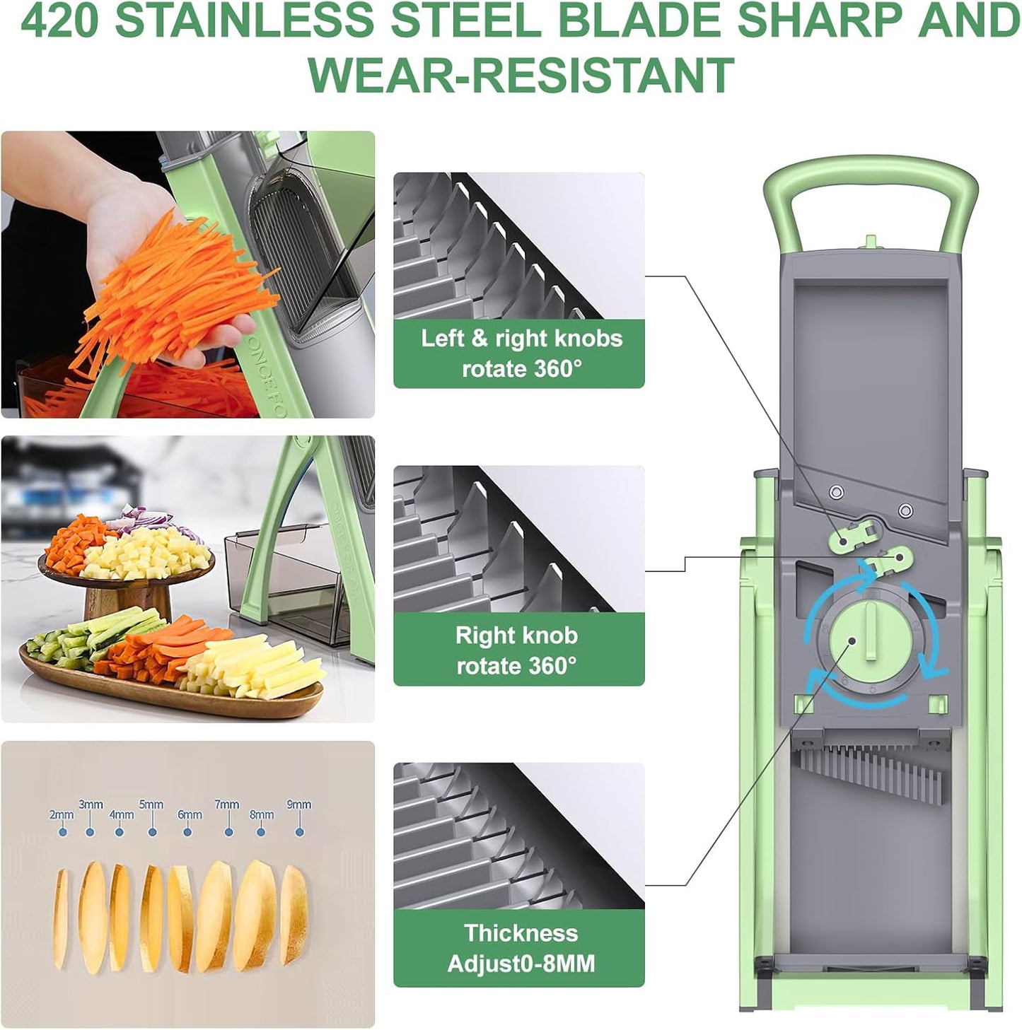 All in 1 Upgraded Version Safe Mandoline Slicer for Kitchen, Veggie Slicer | 0.1-8mm Adjustable Thickness/Potato Slicer/Rapid Prep Mandoline, Bigger Size, Detachable Blade, Cleaning Brush (Black Knight)