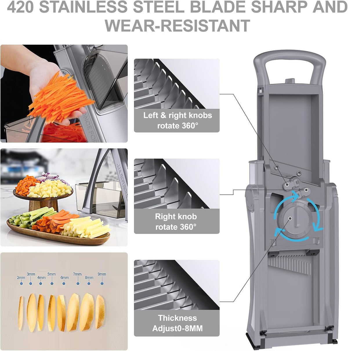 All in 1 Upgraded Version Safe Mandoline Slicer for Kitchen, Veggie Slicer | 0.1-8mm Adjustable Thickness/Potato Slicer/Rapid Prep Mandoline, Bigger Size, Detachable Blade, Cleaning Brush (Black Knight)