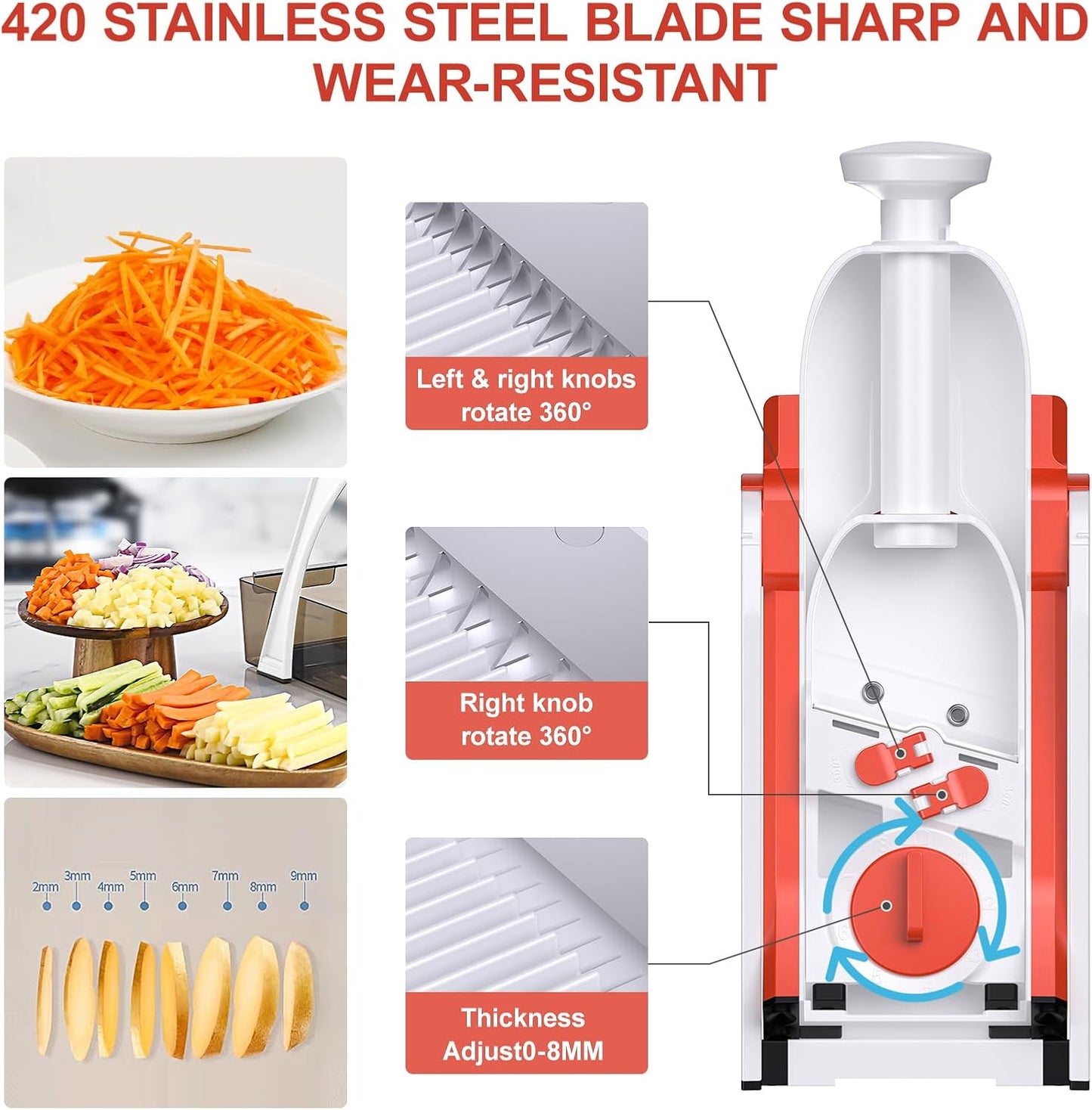 All in 1 Upgraded Version Safe Mandoline Slicer for Kitchen, Veggie Slicer | 0.1-8mm Adjustable Thickness/Potato Slicer/Rapid Prep Mandoline, Bigger Size, Detachable Blade, Cleaning Brush (Black Knight)