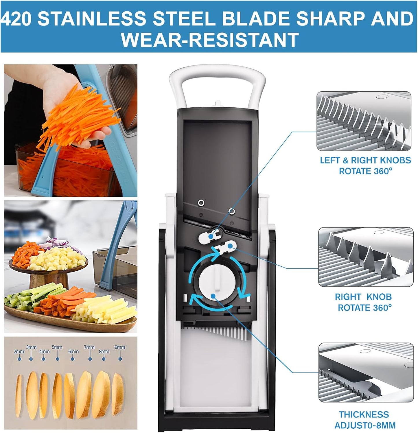 All in 1 Upgraded Version Safe Mandoline Slicer for Kitchen, Veggie Slicer | 0.1-8mm Adjustable Thickness/Potato Slicer/Rapid Prep Mandoline, Bigger Size, Detachable Blade, Cleaning Brush (Black Knight)