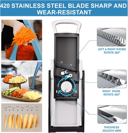All in 1 Upgraded Version Safe Mandoline Slicer for Kitchen, Veggie Slicer | 0.1-8mm Adjustable Thickness/Potato Slicer/Rapid Prep Mandoline, Bigger Size, Detachable Blade, Cleaning Brush (Black Knight)