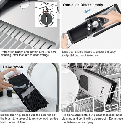All in 1 Upgraded Version Safe Mandoline Slicer for Kitchen, Veggie Slicer | 0.1-8mm Adjustable Thickness/Potato Slicer/Rapid Prep Mandoline, Bigger Size, Detachable Blade, Cleaning Brush (Black Knight)
