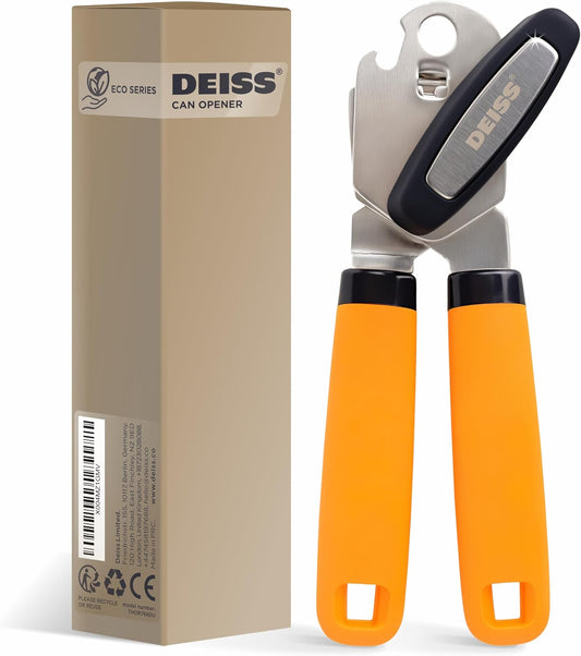 Deiss PRO Hand Held Can Opener – Smooth Edge Can Opener Manual & Bottle Opener, Heavy Duty Stainless Steel Can Openers, Effortless Turn Knob, Sharp Blade for Easy Cutting, Non-Slip Ergonomic Handle
