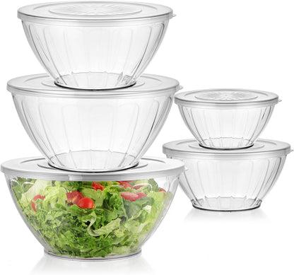 5 Pack Extra Large Mixing Bowls with Lids Set, Plastic Nesting Bowls for Meal Prep, Baking, Serving, 7.2/4.7/2.9/1.8/0.9 qt