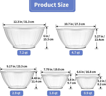 5 Pack Extra Large Mixing Bowls with Lids Set, Plastic Nesting Bowls for Meal Prep, Baking, Serving, 7.2/4.7/2.9/1.8/0.9 qt