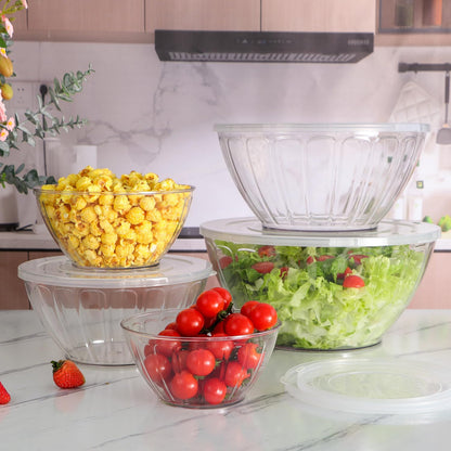 5 Pack Extra Large Mixing Bowls with Lids Set, Plastic Nesting Bowls for Meal Prep, Baking, Serving, 7.2/4.7/2.9/1.8/0.9 qt