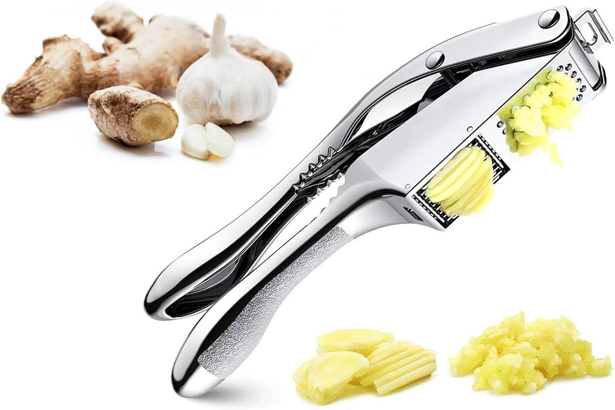 2 in 1 Garlic Press Slicer Stainless Steel Peeler Squeezer Crusher Mincer Chopper Masher Presser Rocker Nuts Ginger Crush Durable Ergonomics Kitchen Tools Accessories, (GR56)