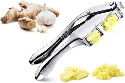 2 in 1 Garlic Press Slicer Stainless Steel Peeler Squeezer Crusher Mincer Chopper Masher Presser Rocker Nuts Ginger Crush Durable Ergonomics Kitchen Tools Accessories, (GR56)