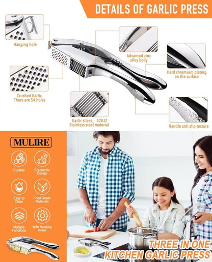 2 in 1 Garlic Press Slicer Stainless Steel Peeler Squeezer Crusher Mincer Chopper Masher Presser Rocker Nuts Ginger Crush Durable Ergonomics Kitchen Tools Accessories, (GR56)
