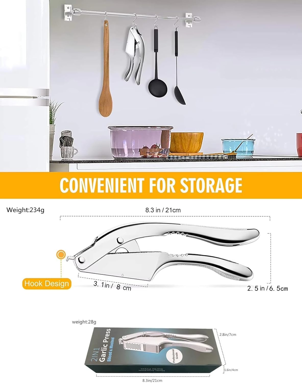 2 in 1 Garlic Press Slicer Stainless Steel Peeler Squeezer Crusher Mincer Chopper Masher Presser Rocker Nuts Ginger Crush Durable Ergonomics Kitchen Tools Accessories, (GR56)