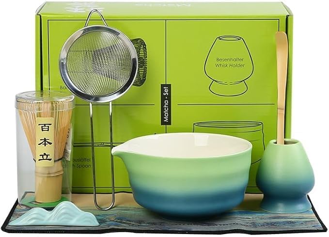 Matcha Set Matcha Whisk Matcha Bowl with Pouring Spout Scoop Matcha Whisk Holder Tea Making Kit, Japanese Tea Set (7pcs) Gradient blue, Color Box Packin