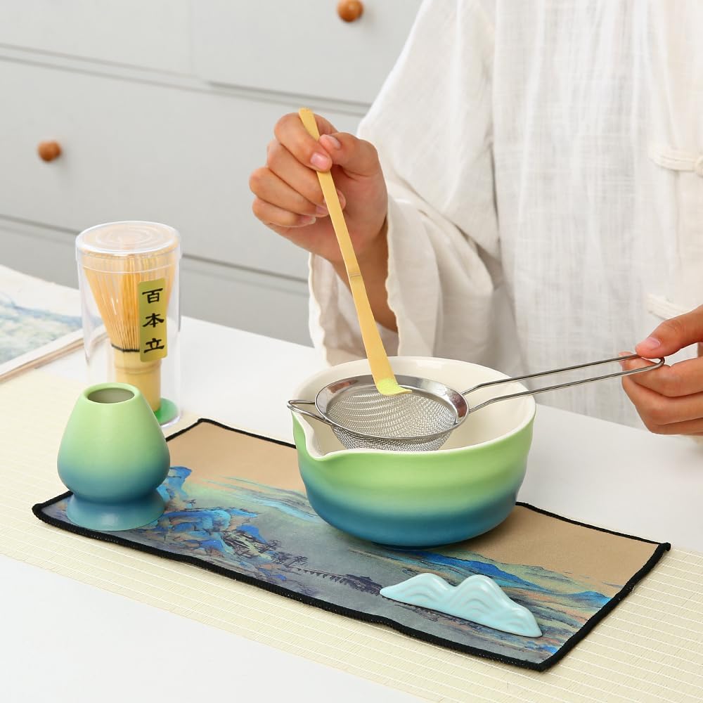 Matcha Set Matcha Whisk Matcha Bowl with Pouring Spout Scoop Matcha Whisk Holder Tea Making Kit, Japanese Tea Set (7pcs) Gradient blue, Color Box Packin